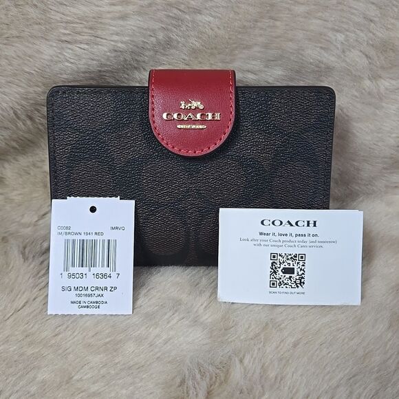 COACH SIGNATURE MEDIUM CORNER ZIP WALLET, BROWN, BLACK AND RED - NEW - Picture 3 of 12